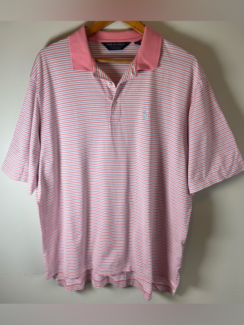 Polo Ralph Lauren Golf Mens Polo Shirt L Pima Cotton Pink White Stripes Peru EUC